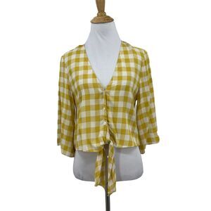 BCBGeneration Gingham Crop Top Women XS Extra Small Tie Front 3/4 Sleeves Blouse